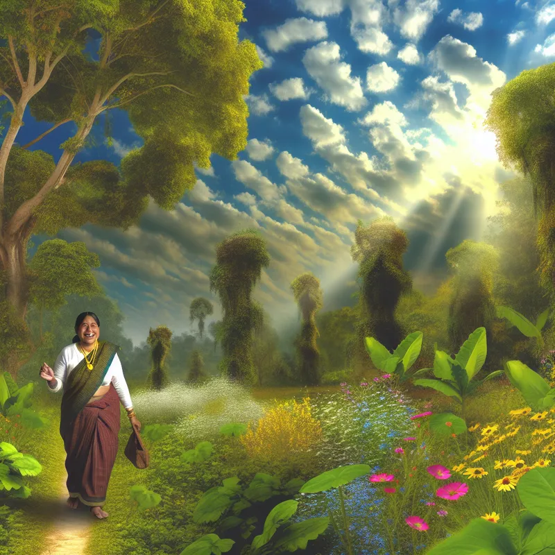 Een persoon die glimlachend langs een groene pad loopt, omringd door wilde bloemen en hoge bomen.